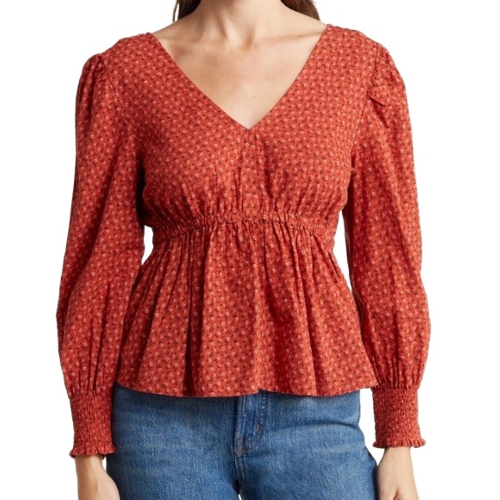 Madewell Womens‎ V-Neck Puff Long Sleeve Peplum Cottage Core Orange Top Small